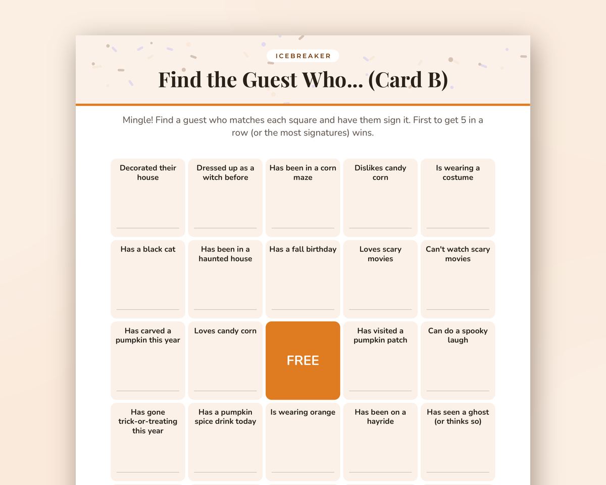 Free printable Halloween Find the Guest Bingo sample page