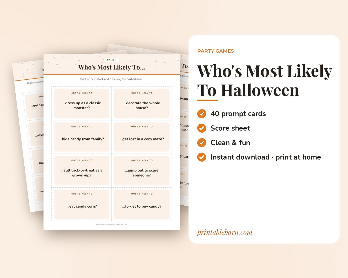 Who's Most Likely To: Halloween Edition, 40 Printable Game Cards
