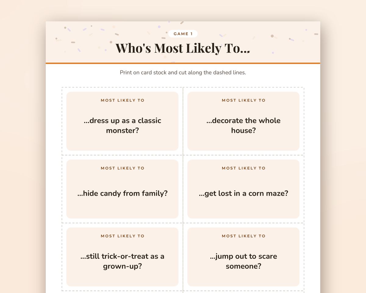 Who's Most Likely To: Halloween Edition, 40 Printable Game Cards printable preview 2