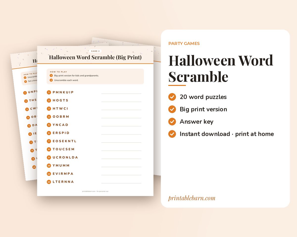 Halloween Word Scramble Game: 20 Printable Word Puzzles with Answer Key printable preview 1