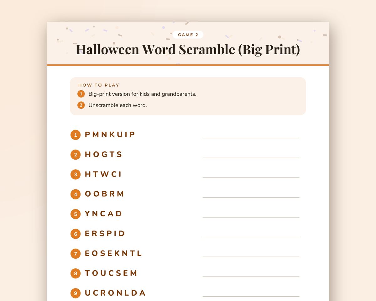Halloween Word Scramble Game: 20 Printable Word Puzzles with Answer Key printable preview 2