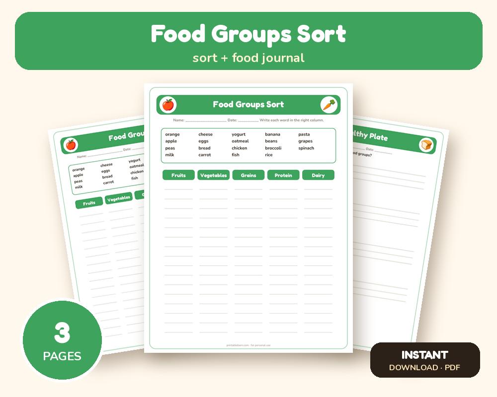 Food Groups Worksheets: Sort the Foods + My Healthy Plate (K–3)