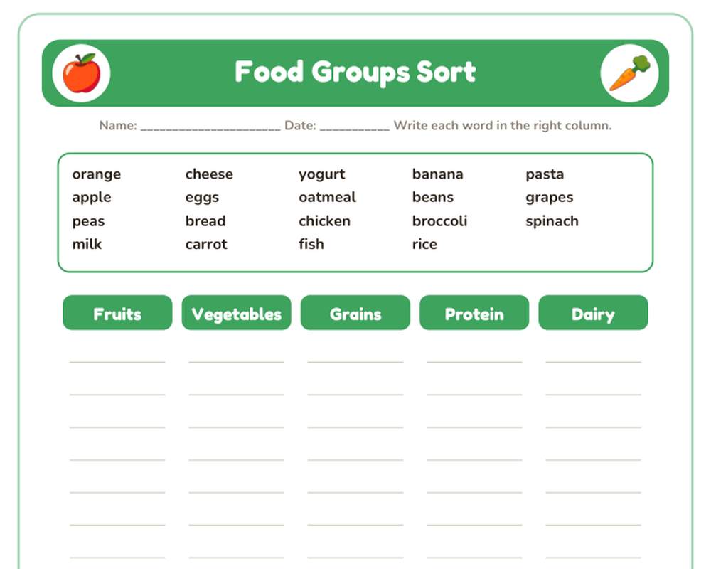 Free printable Food Groups sample page