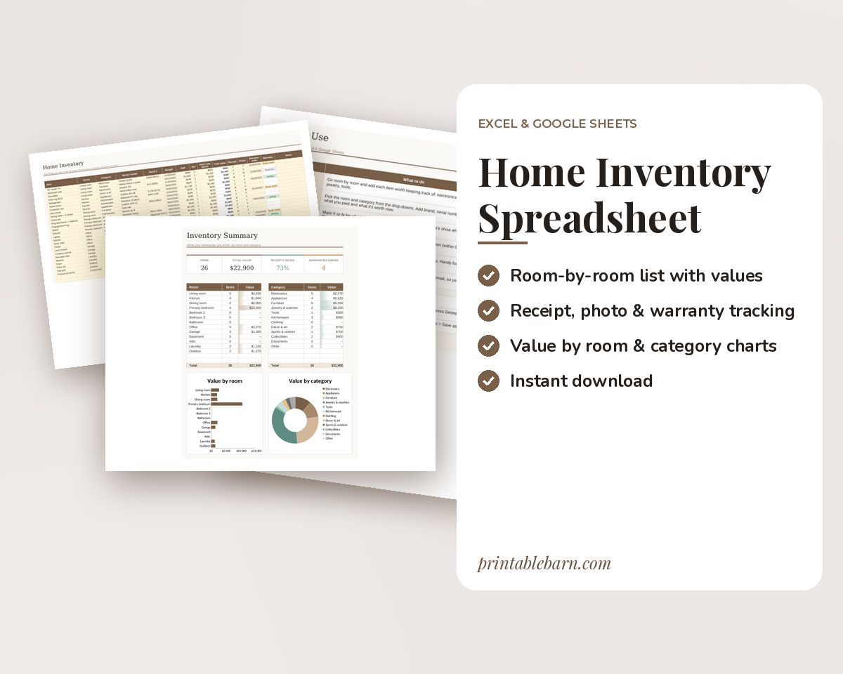 Home Inventory Spreadsheet: Insurance Inventory with Warranty Tracker (Excel & Google Sheets)