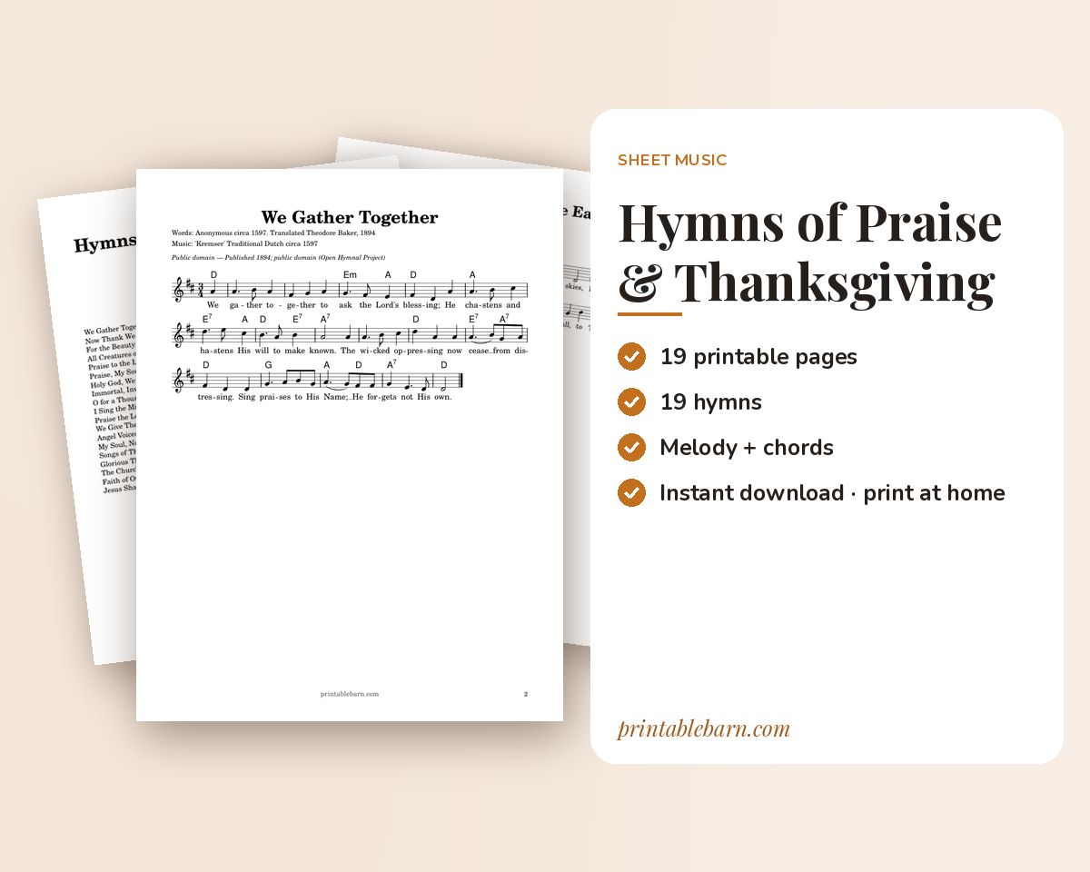 Thanksgiving & Praise Hymns Sheet Music: 19 Hymns with Melody, Chords & Lyrics printable preview 1