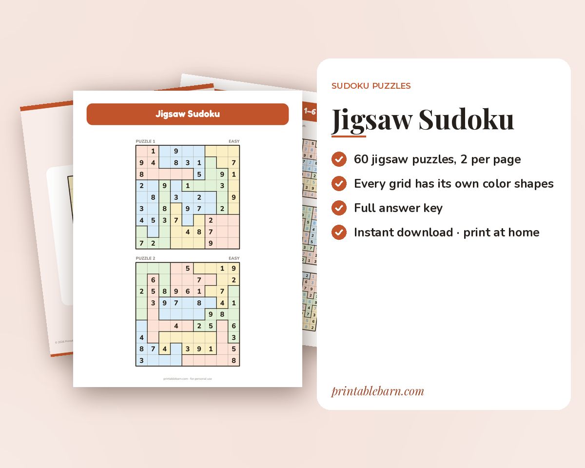 Jigsaw Sudoku: 60 Irregular Sudoku Puzzles in Color (Printable PDF) printable preview 1