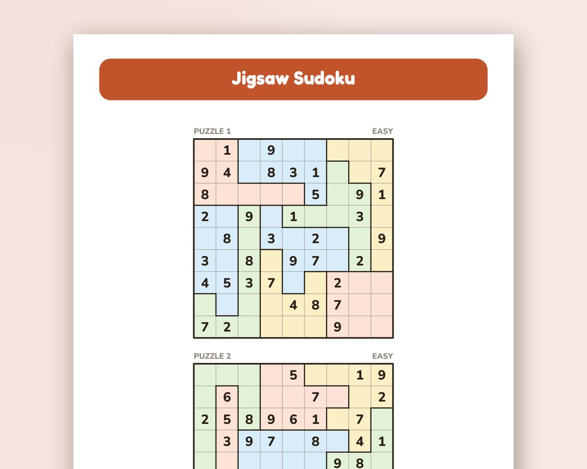 Jigsaw Sudoku: 60 Irregular Sudoku Puzzles in Color (Printable PDF) printable preview 2