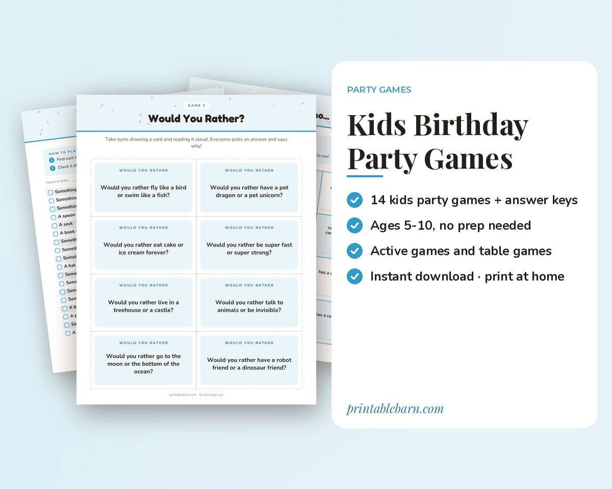 Kids Birthday Party Games Printable Pack: 14 Games for Ages 5-10