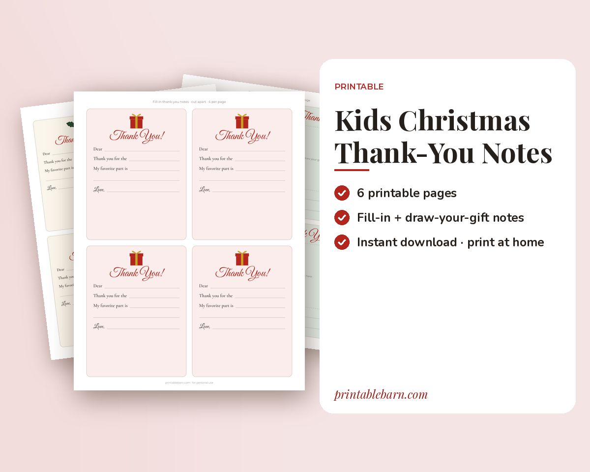 Kids Christmas Thank-You Notes Printable: Fill-In-the-Blank Thank You Cards + Draw Your Gift Notes printable preview 1