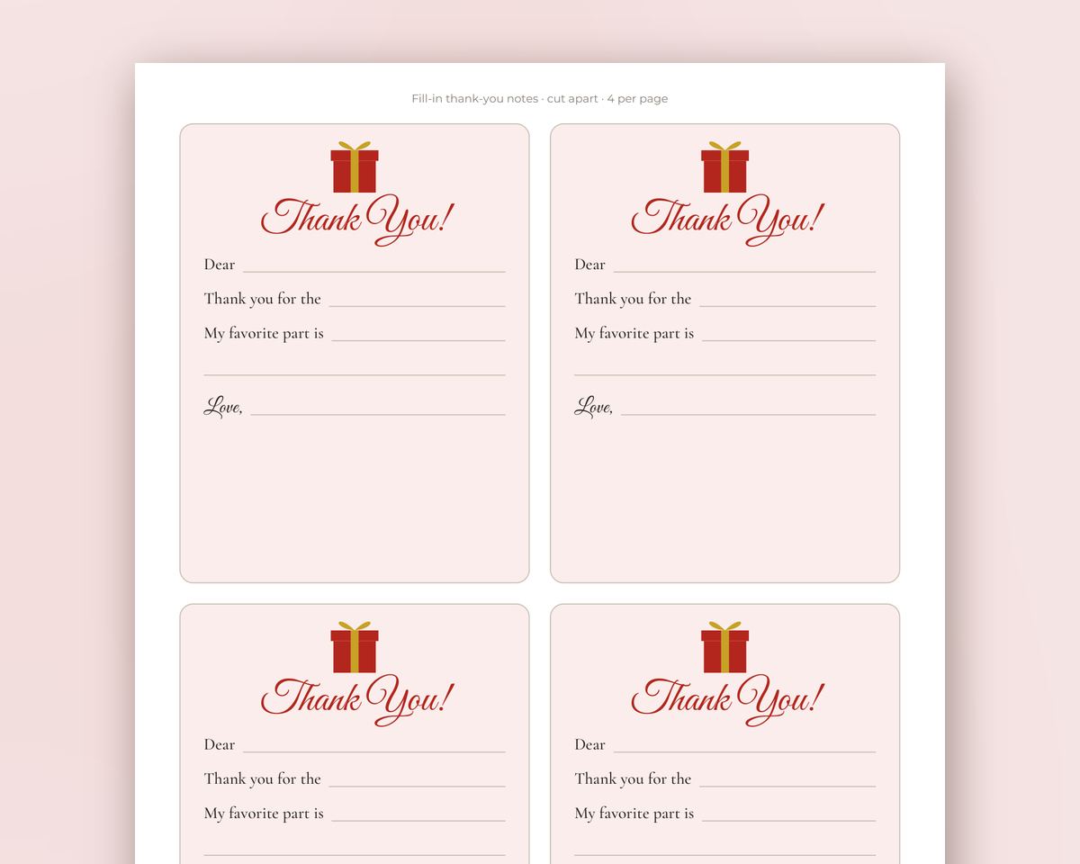 Free printable Kids Christmas Thank-You Notes sample page