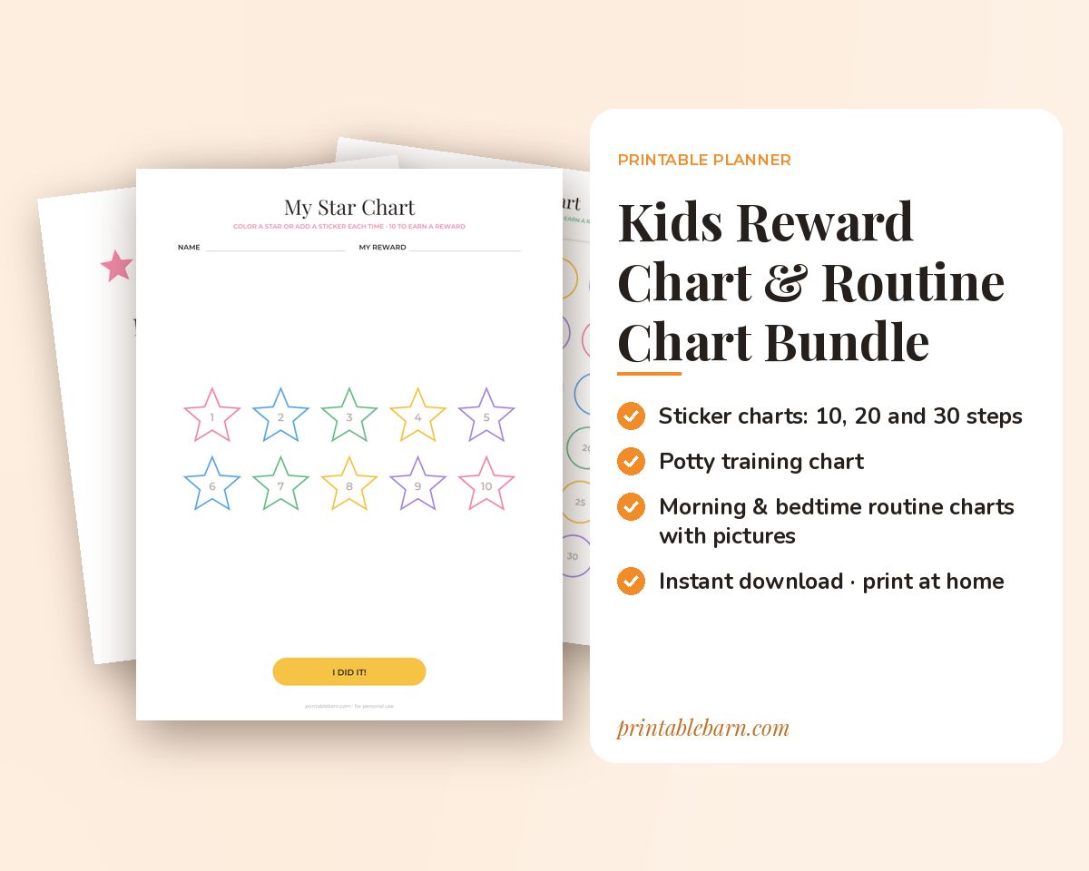 Kids Reward Chart & Routine Chart Bundle: Sticker Charts, Potty Chart, Morning & Bedtime Picture Charts, Chores + Coupons printable preview 1