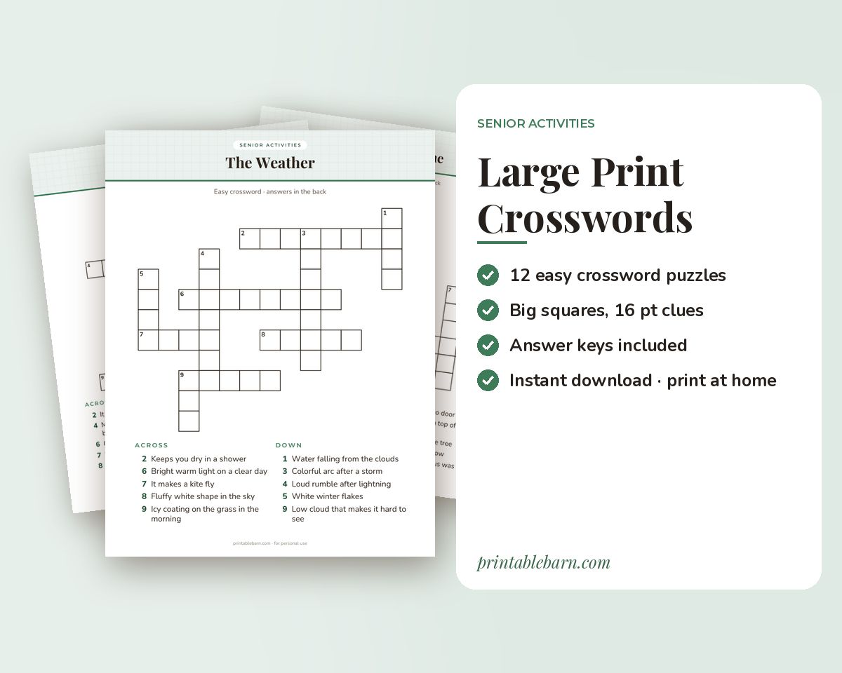 Large Print Crosswords for Seniors: 12 Easy Themed Puzzles with Answers