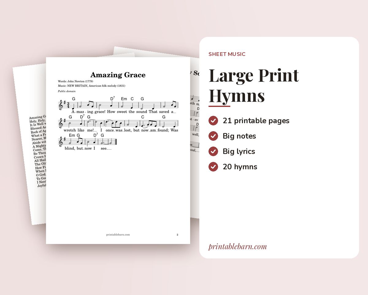 Large Print Hymns: 20 Favorite Hymns with Big Notes & Big Lyrics (Printable Sheet Music)
