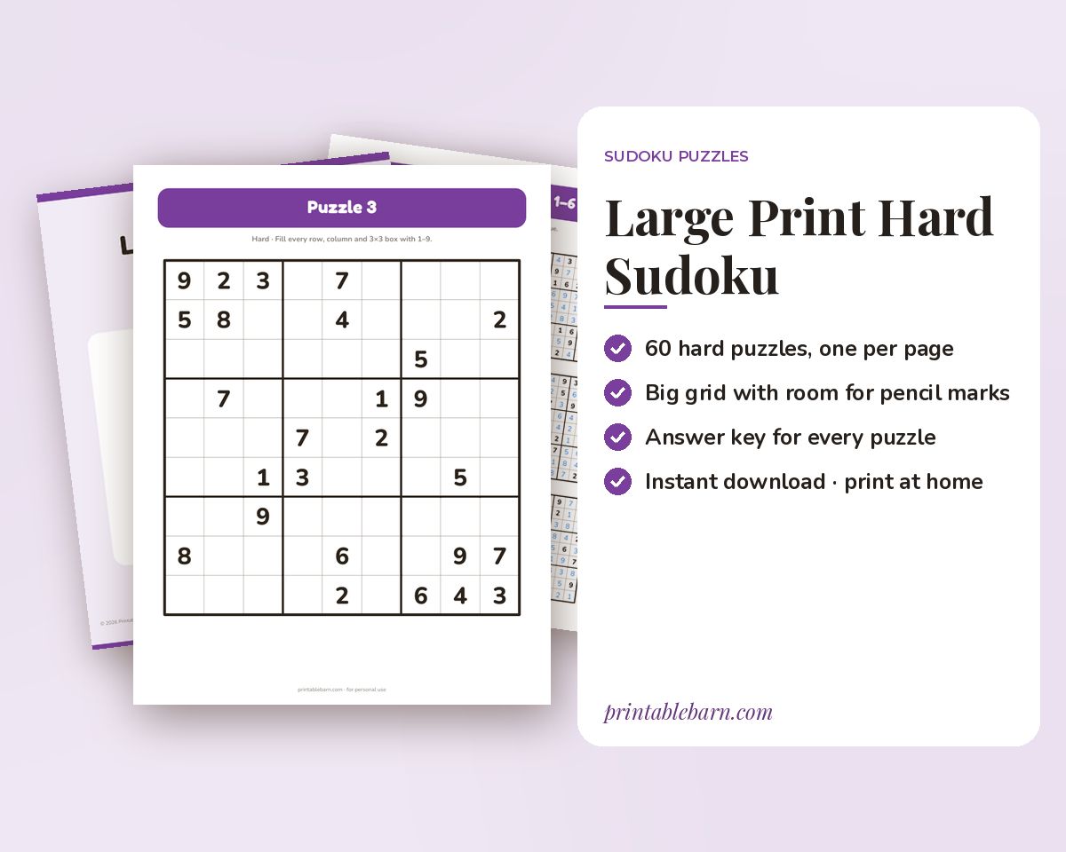 Large Print Sudoku: 60 Hard Puzzles, One Per Page (Printable PDF) printable preview 1