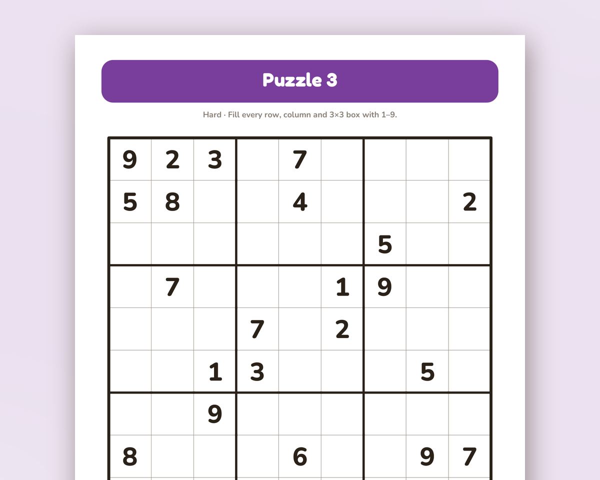 Large Print Sudoku: 60 Hard Puzzles, One Per Page (Printable PDF) printable preview 2