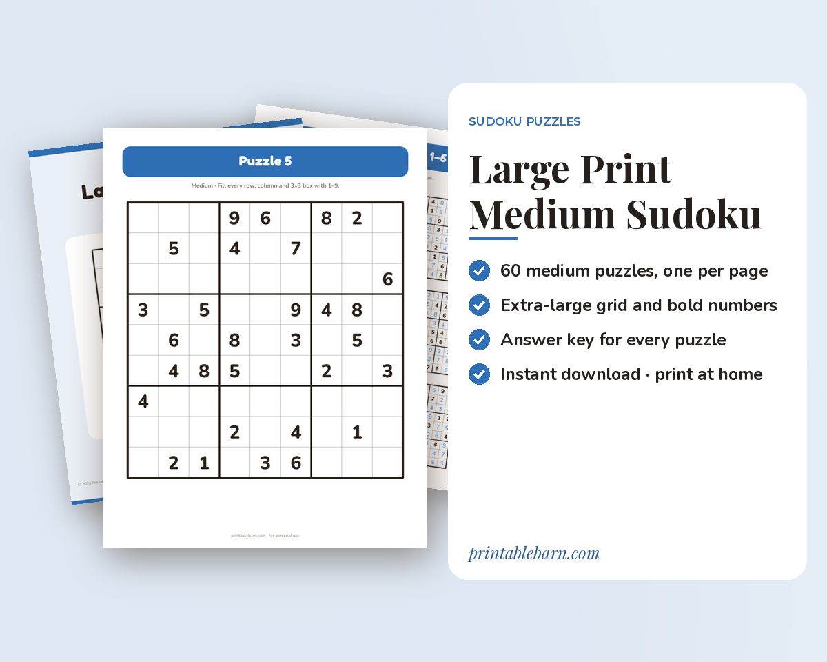Large Print Sudoku: 60 Medium Puzzles, One Per Page (Printable PDF) printable preview 1