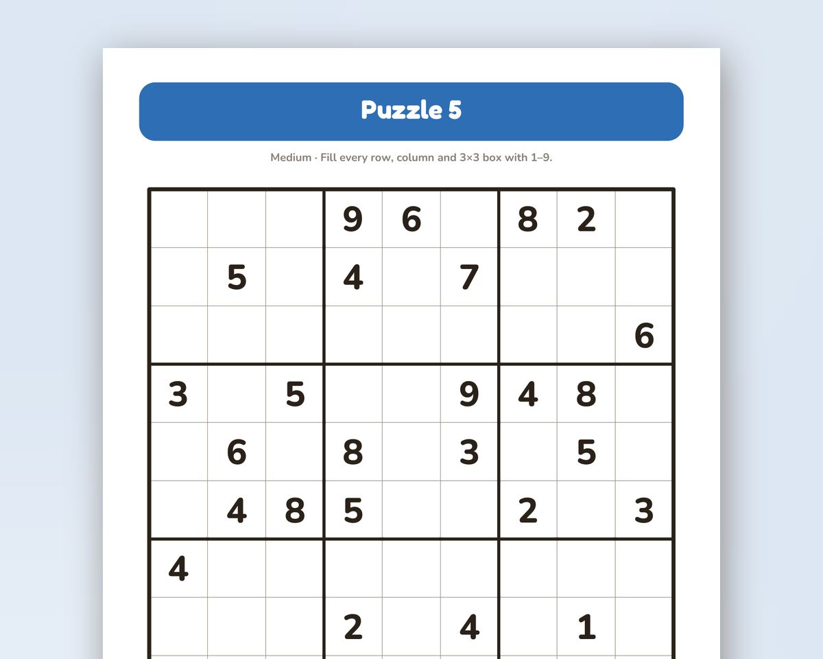Large Print Sudoku: 60 Medium Puzzles, One Per Page (Printable PDF) printable preview 2