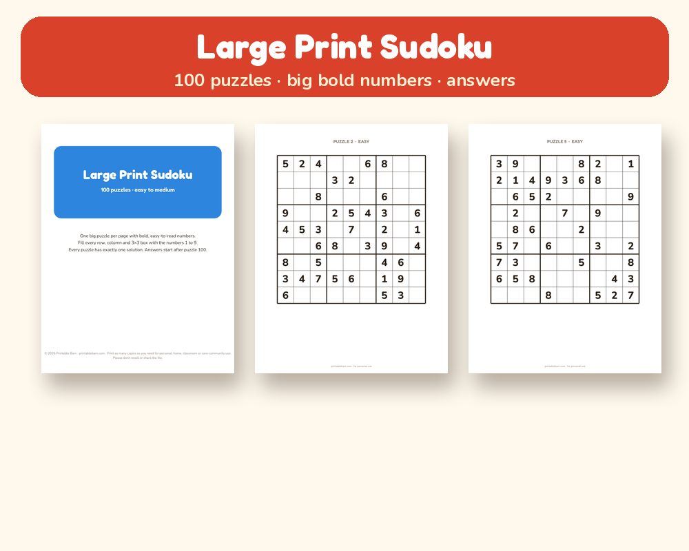 Large Print Sudoku: 100 Puzzles