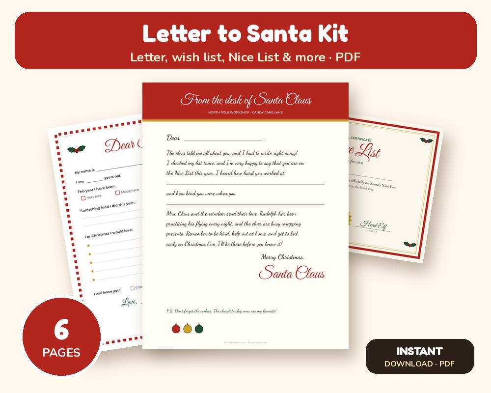 Letter to Santa Printable Kit: Dear Santa Letter, Wish List, Nice List Certificate, Letter from Santa & Reindeer Food printable preview 1