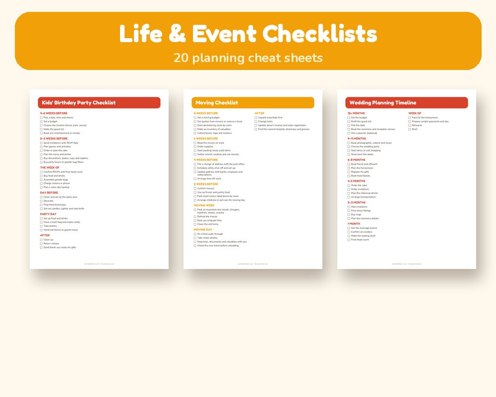 Life & Event Checklists: 20 Cheat Sheets
