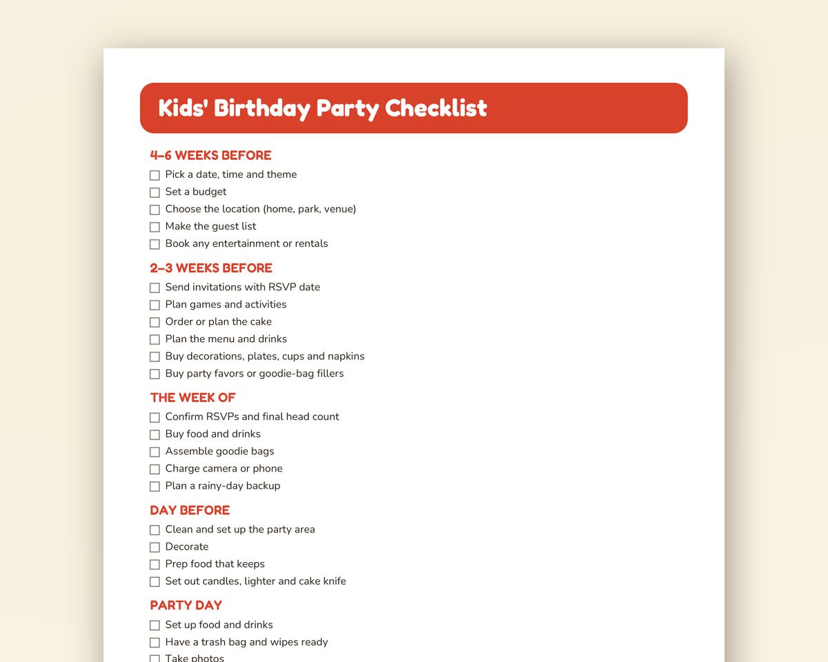 Free printable Life & Event Checklists sample page