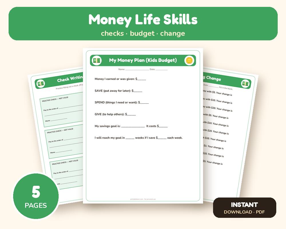 Life Skills Money Worksheets: Check Writing Practice, Kids Budget & Making Change