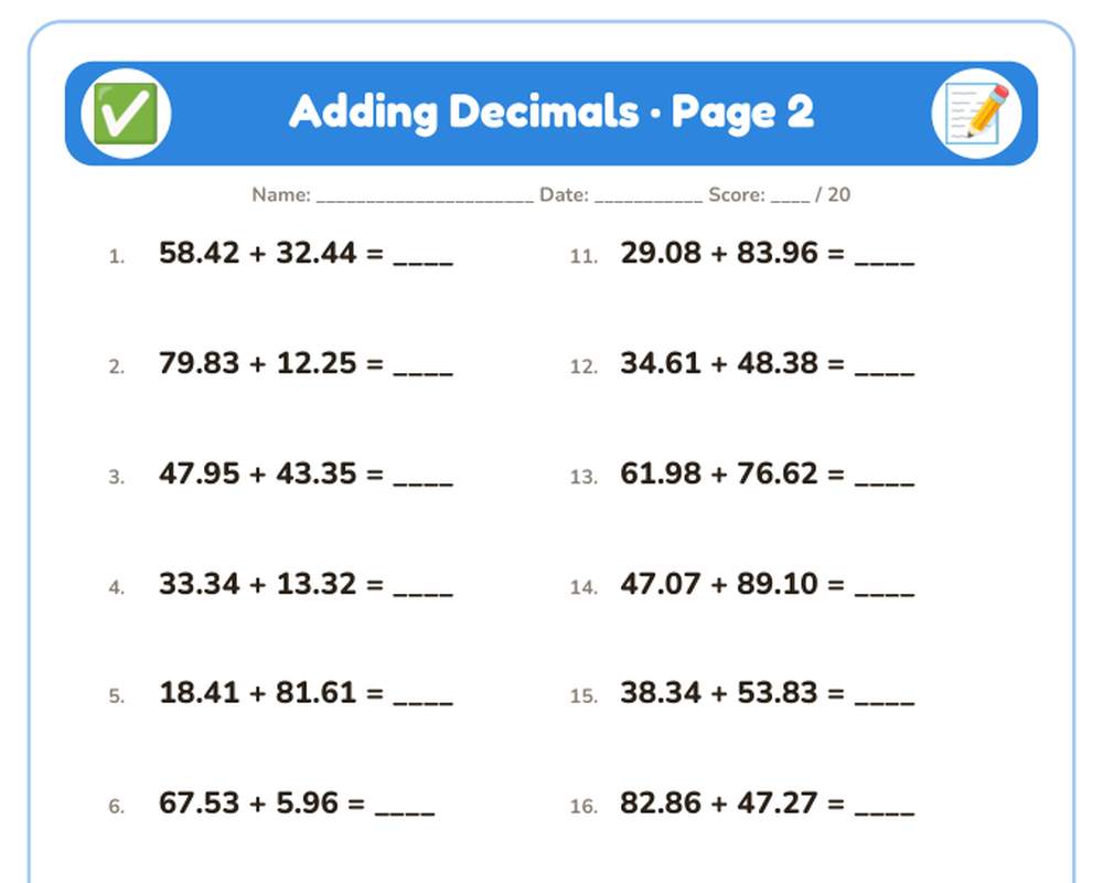 Free printable Adding Decimals sample page