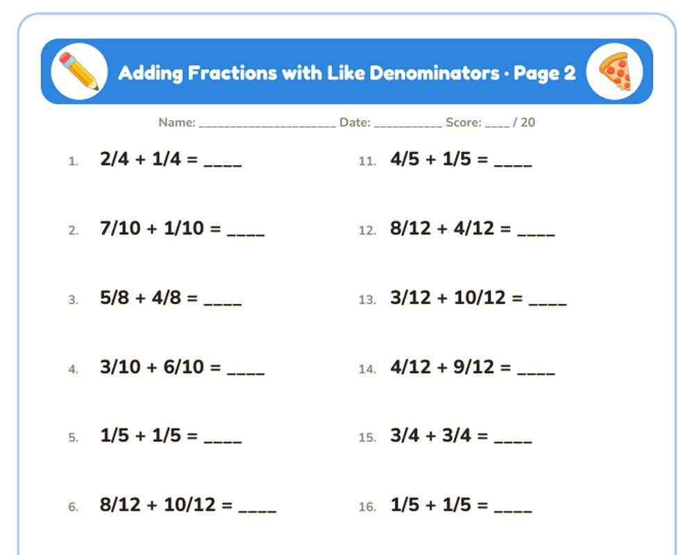 Adding Fractions with Like Denominators Worksheets: 10 Printable Pages with Answer Key (4th grade) printable preview 2