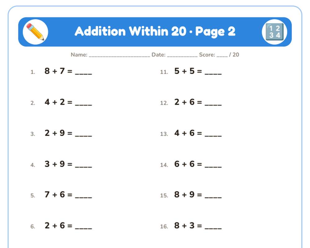 Addition Within 20 Worksheets: 10 Printable Pages with Answer Key (1st grade) printable preview 2