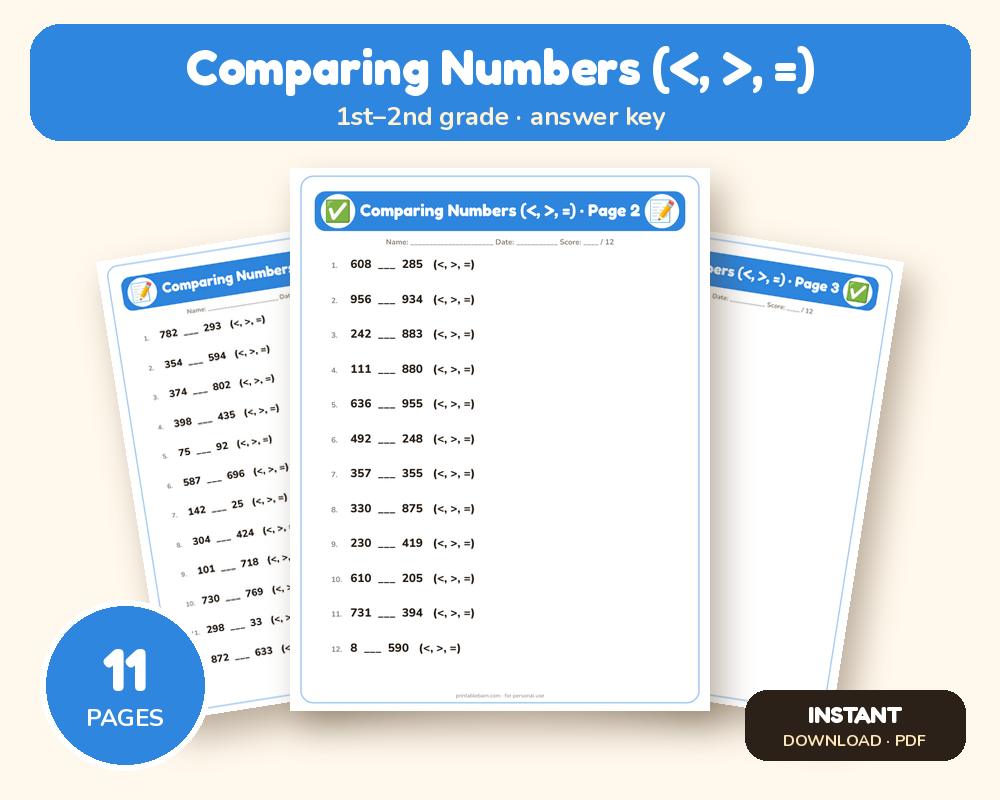 Comparing Numbers (<, >, =) Worksheets: 10 Printable Pages with Answer Key (1st–2nd grade) printable preview 1