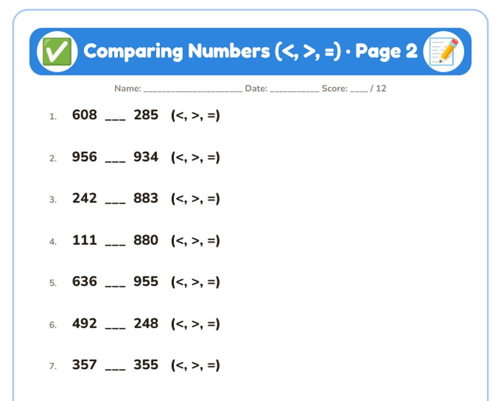 Comparing Numbers (<, >, =) Worksheets: 10 Printable Pages with Answer Key (1st–2nd grade) printable preview 2