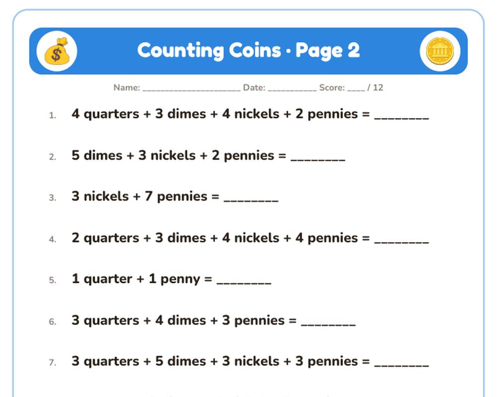 Counting Coins Worksheets: 10 Printable Pages with Answer Key (2nd grade) printable preview 2