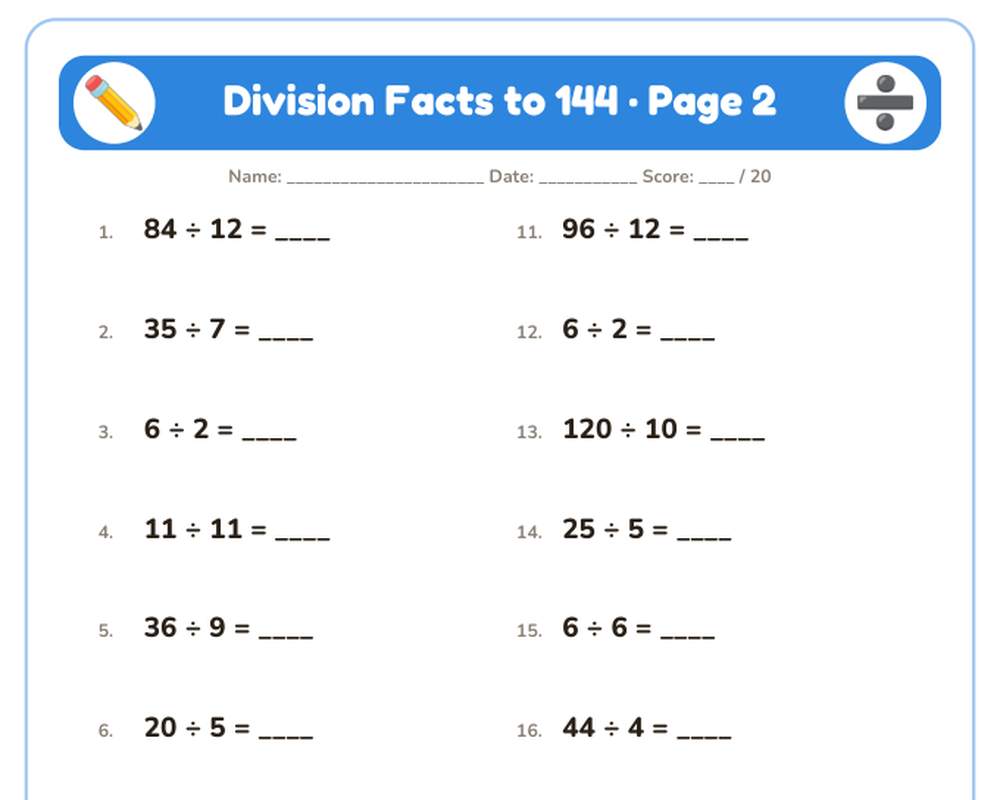 Division Facts to 144 Worksheets: 10 Printable Pages with Answer Key (3rd–4th grade) printable preview 2