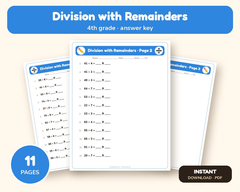 Division with Remainders Worksheets: 10 Printable Pages with Answer Key (4th grade)