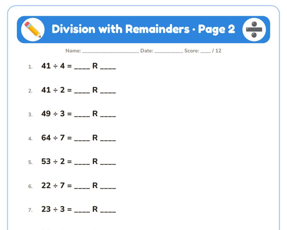 Division with Remainders Worksheets: 10 Printable Pages with Answer Key (4th grade) printable preview 2