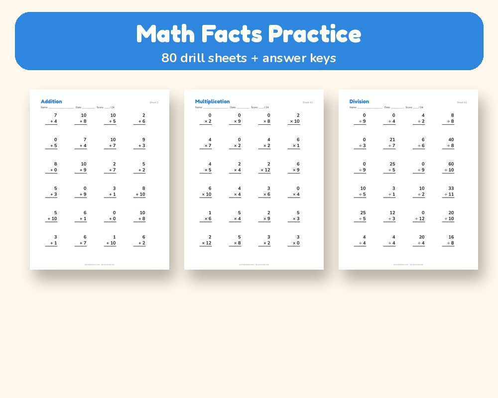 Math Facts Practice: 80 Drill Sheets