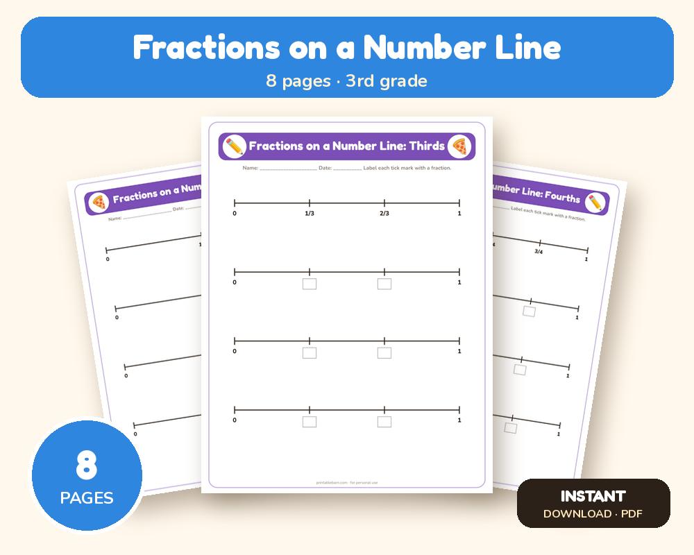 Fractions on a Number Line Worksheets: Halves to Twelfths (8 Pages)
