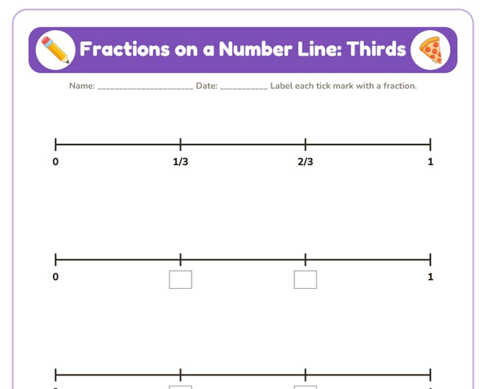 Free printable Fractions on a Number Line sample page