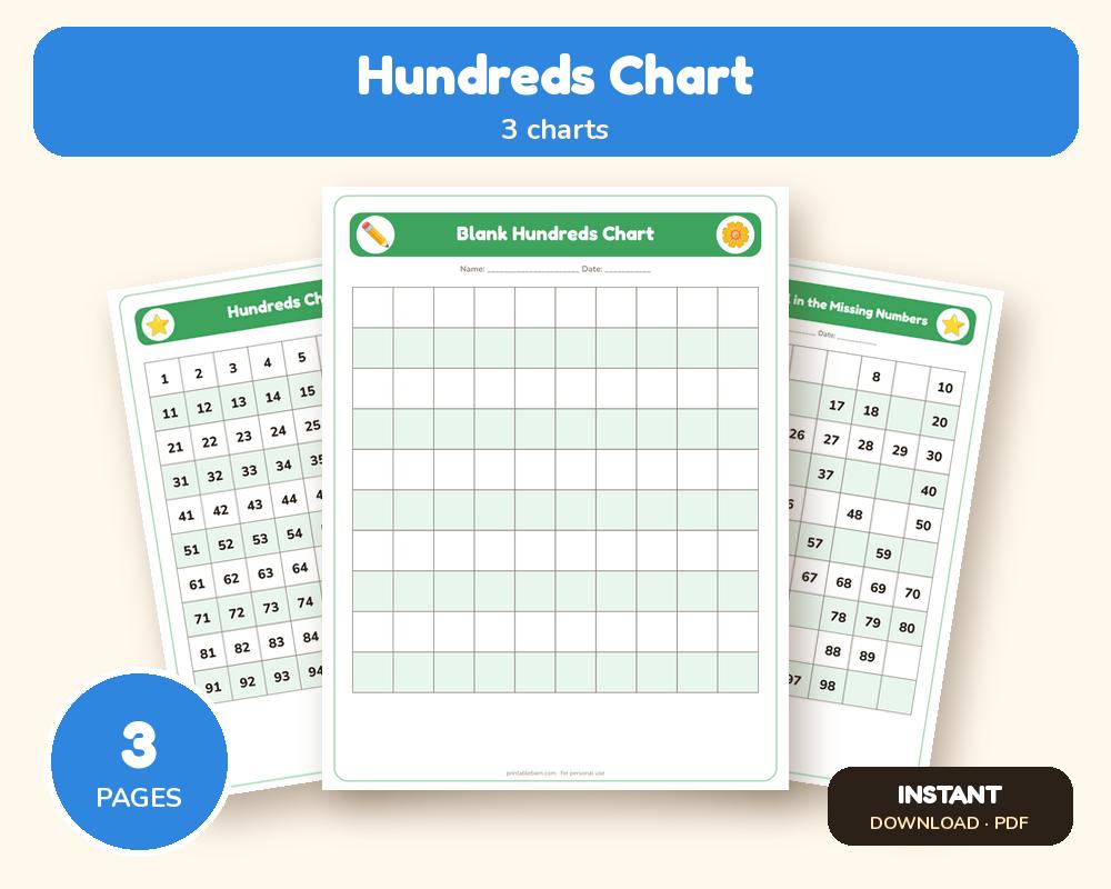 Hundreds Chart 1–100: Printable Full, Blank & Missing-Numbers Charts printable preview 1