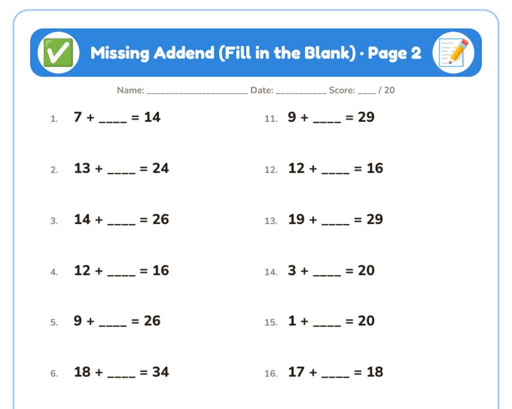 Free printable Missing Addend sample page