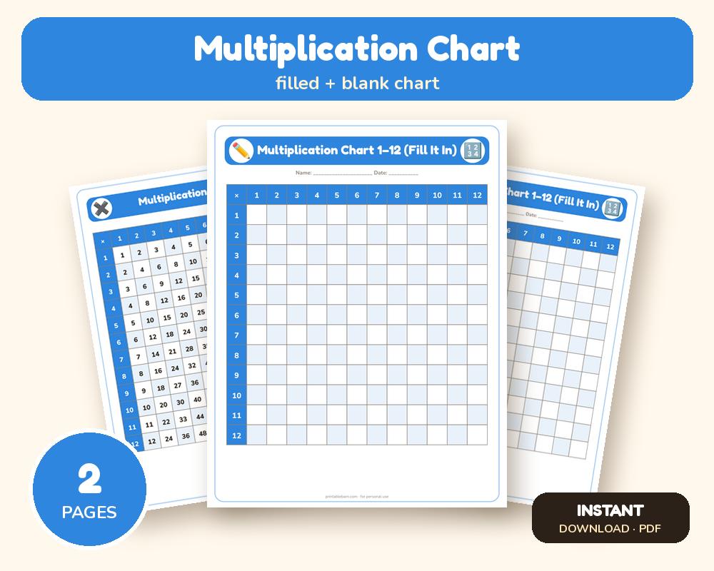 Multiplication Chart 1–12: Printable Times Table Chart + Blank Practice Chart