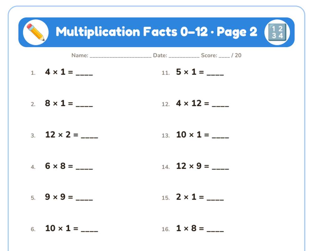 Multiplication Facts 0–12 Worksheets: 10 Printable Pages with Answer Key (3rd–4th grade) printable preview 2
