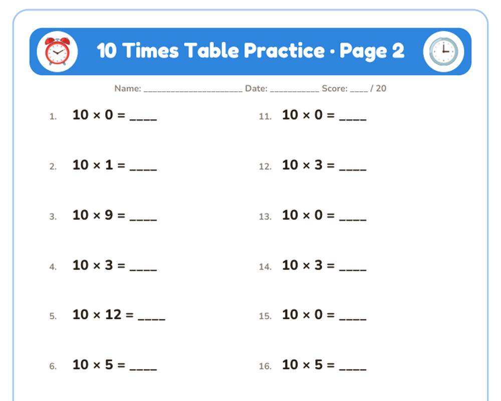 10 Times Table Practice Worksheets: 10 Printable Pages with Answer Key (3rd grade) printable preview 2