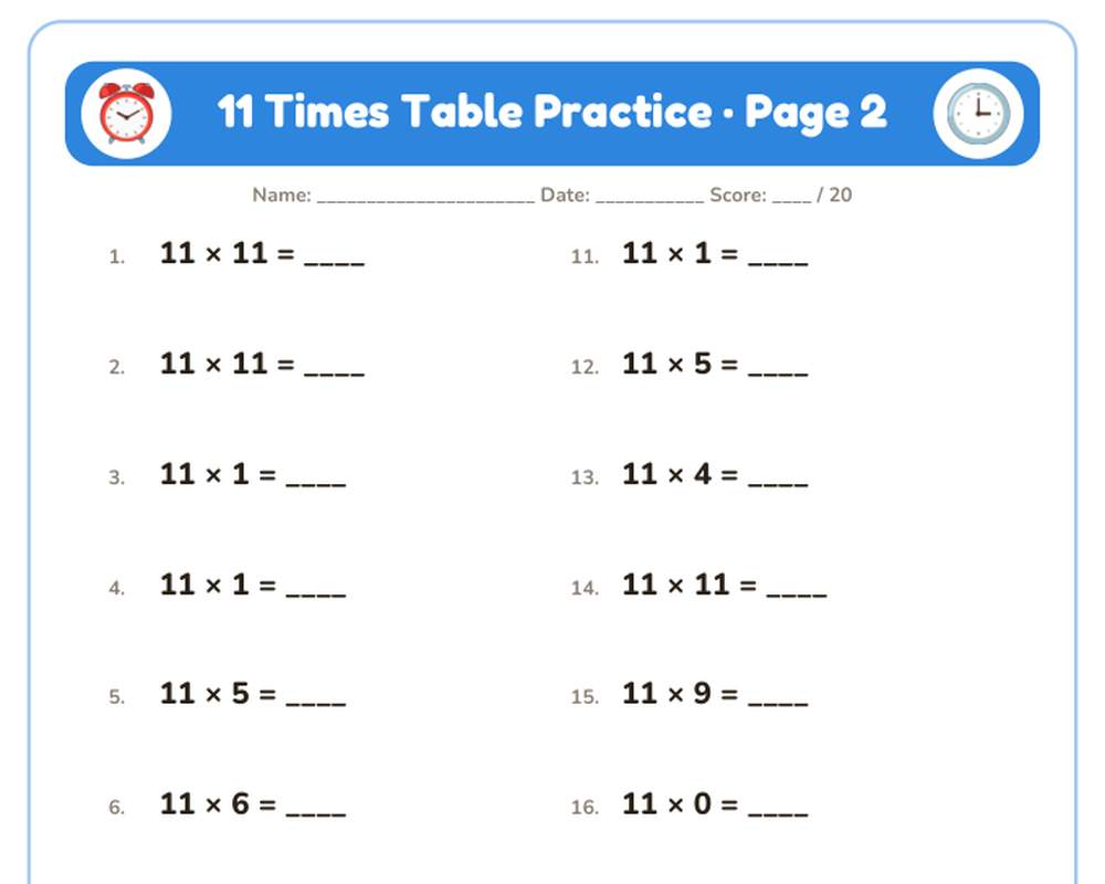 11 Times Table Practice Worksheets: 10 Printable Pages with Answer Key (3rd grade) printable preview 2