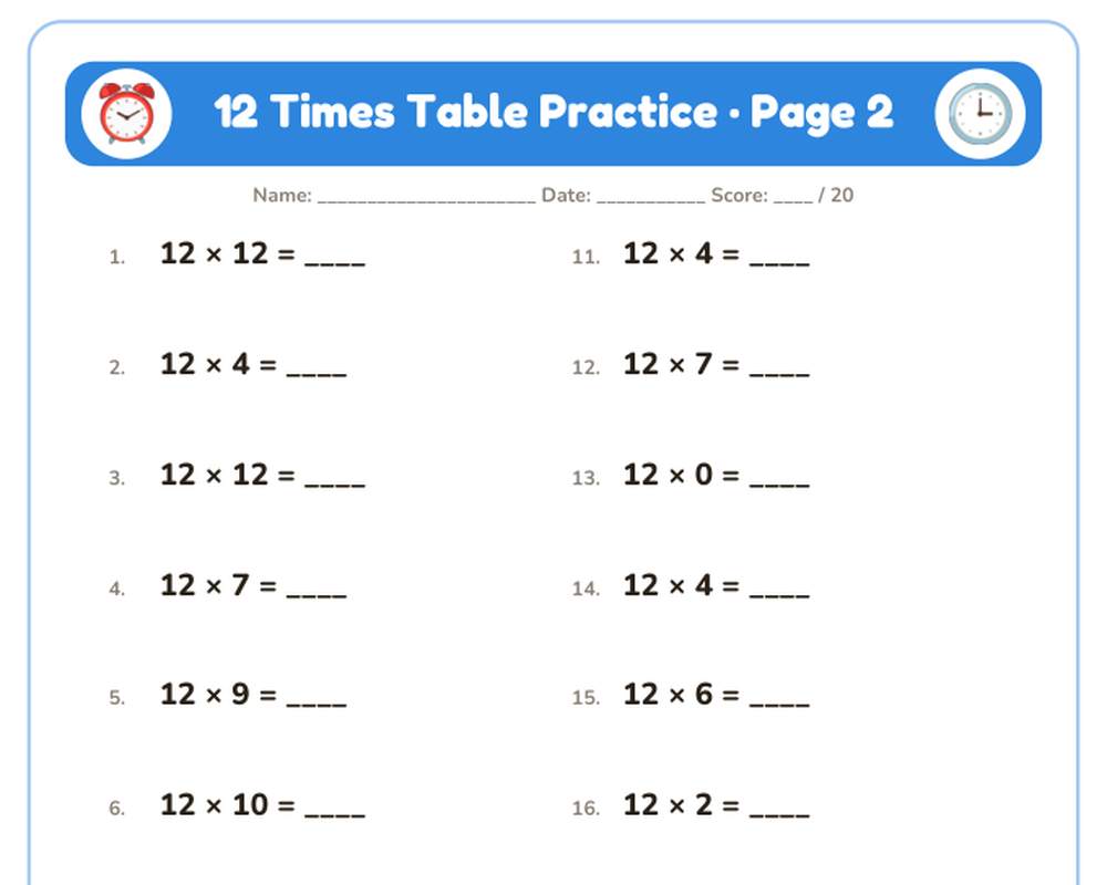 12 Times Table Practice Worksheets: 10 Printable Pages with Answer Key (3rd grade) printable preview 2