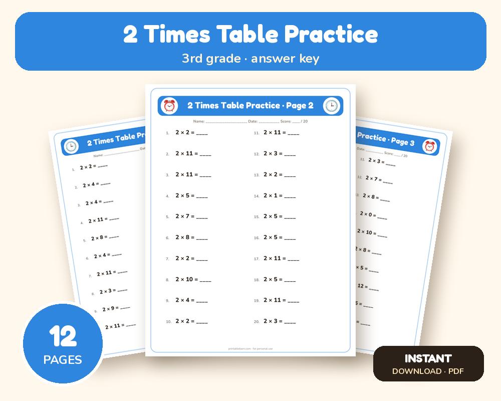 2 Times Table Practice Worksheets: 10 Printable Pages with Answer Key (3rd grade)