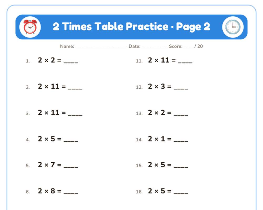 2 Times Table Practice Worksheets: 10 Printable Pages with Answer Key (3rd grade) printable preview 2