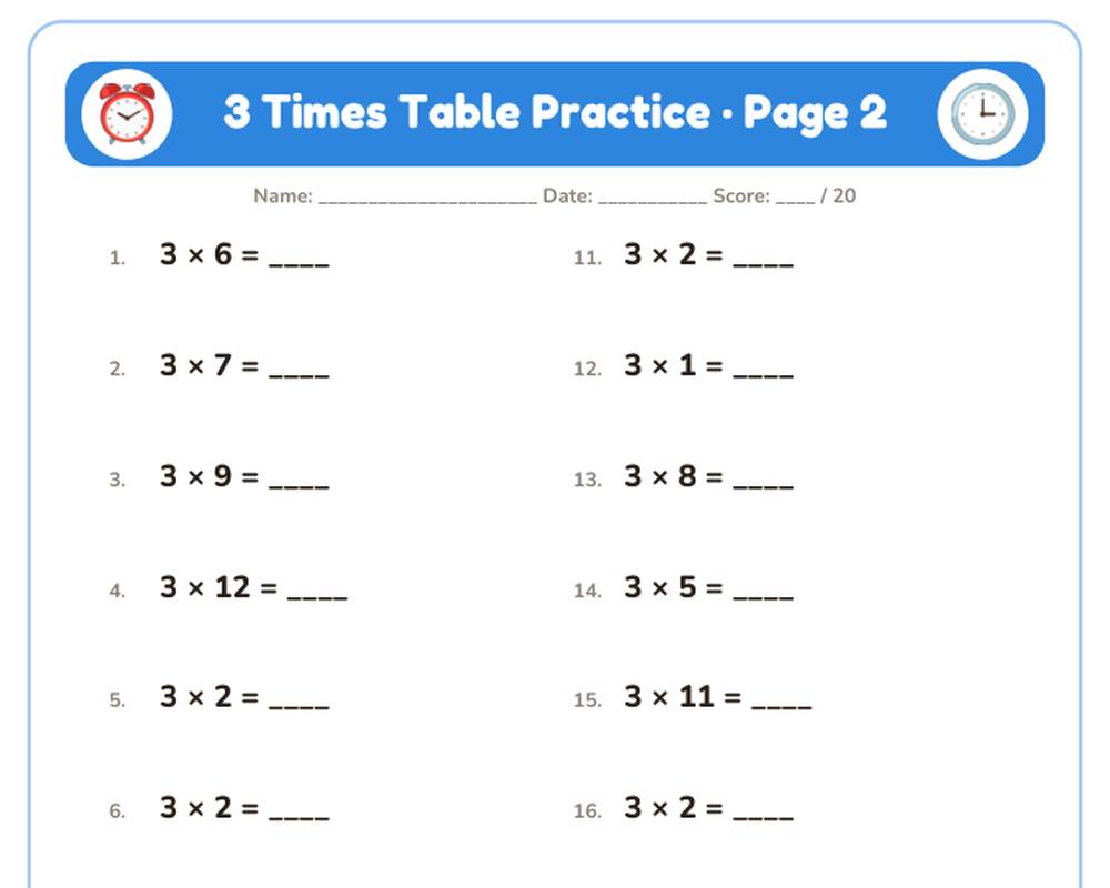 3 Times Table Practice Worksheets: 10 Printable Pages with Answer Key (3rd grade) printable preview 2