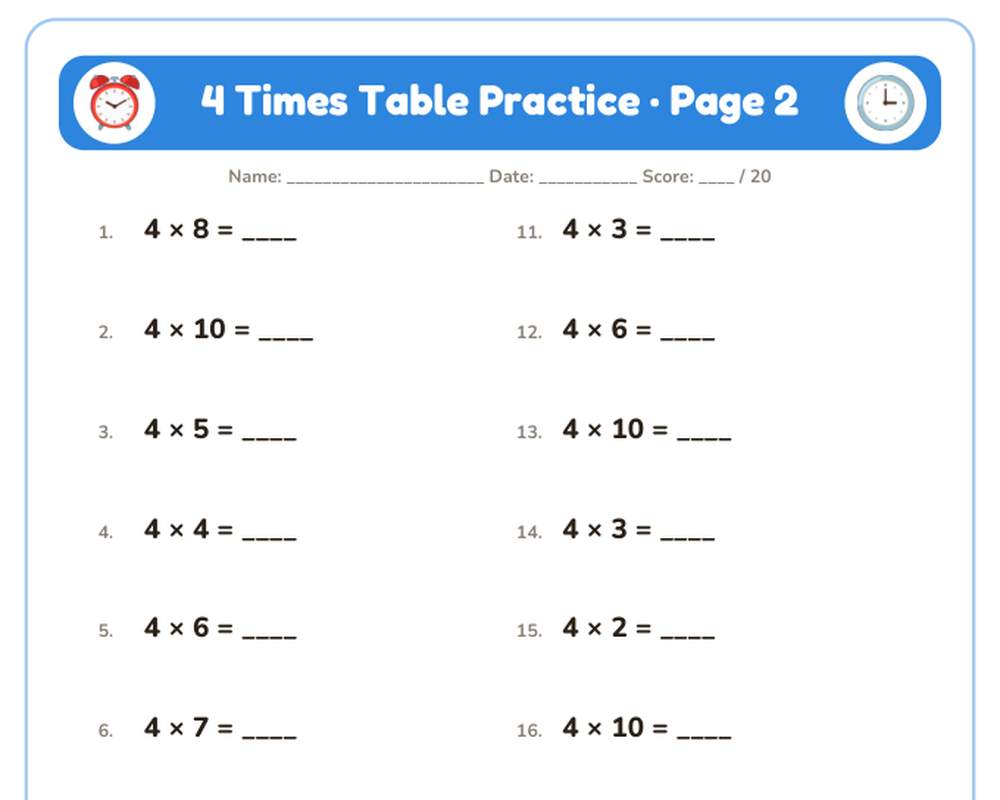 4 Times Table Practice Worksheets: 10 Printable Pages with Answer Key (3rd grade) printable preview 2
