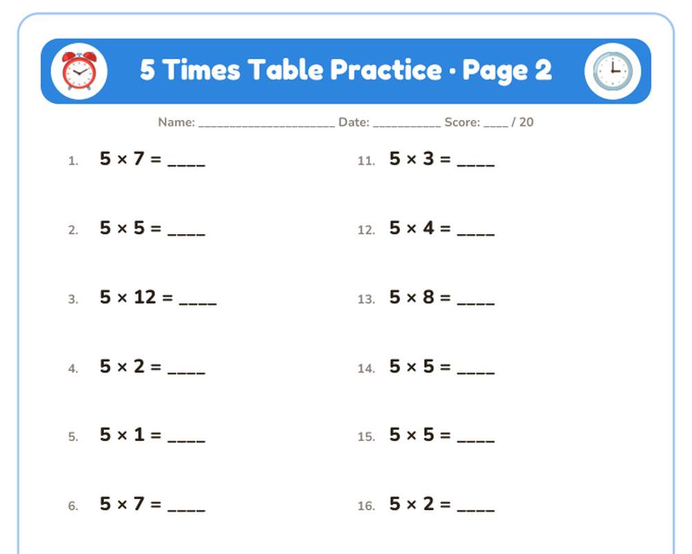 5 Times Table Practice Worksheets: 10 Printable Pages with Answer Key (3rd grade) printable preview 2